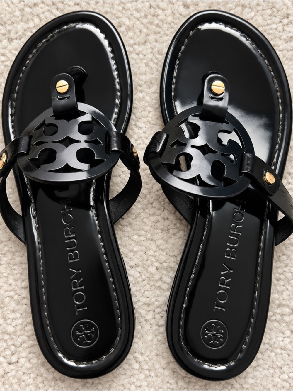 Tory Burch Black Patent Logo Miller Sandals with Gold Accents Size 8